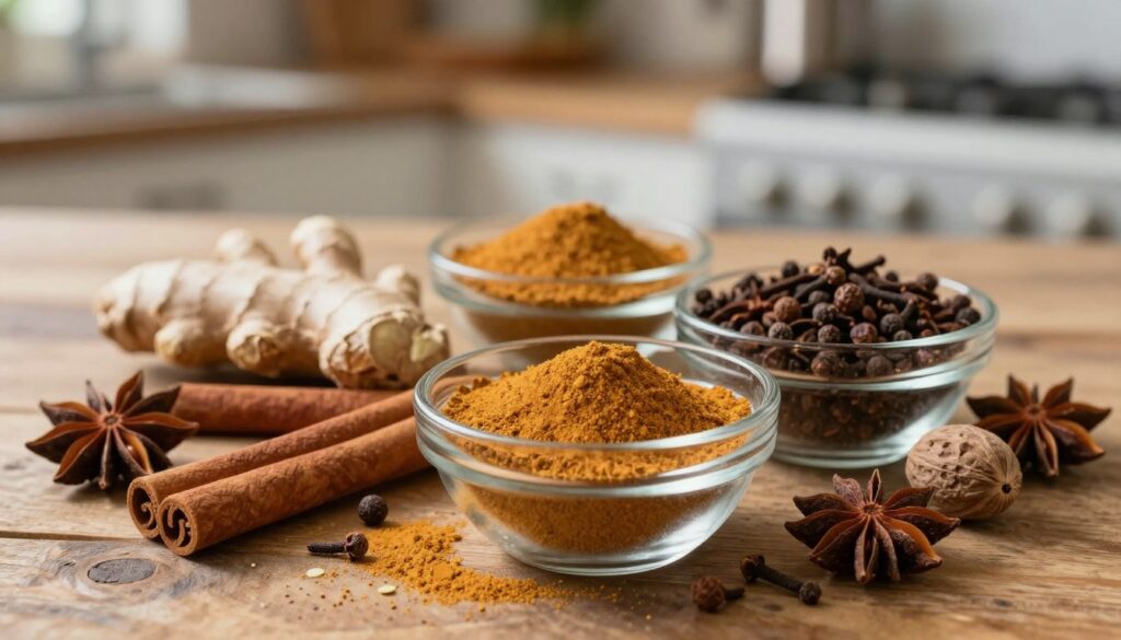 A beautifully arranged assortment of spices used to make gingerbread spice mix, featuring ground ginger, cinnamon sticks, whole cloves, nutmeg, allspice berries, and star anise, sitting on a rustic wooden table. In the foreground, an artisan glass bowl holds a vibrant blend of these spices, with a few scattered seeds and sticks around it. In the middle, soft natural light filters in, highlighting the warm, rich colors of the spices, creating a cozy atmosphere. The background is softly blurred, with hints of a kitchen setting, perhaps a spice rack or baking utensils subtly visible. The overall mood is inviting and warm, suggesting a sense of homemade tradition and comfort.