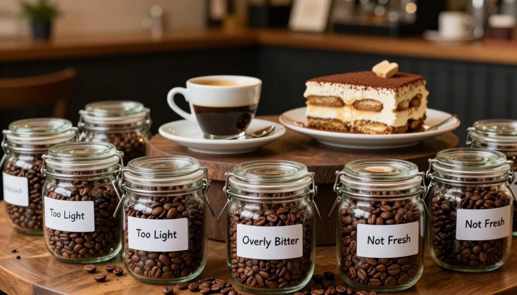 A beautifully arranged coffee setup illustrating the common mistakes when selecting coffee for tiramisu. In the foreground, a variety of coffee beans displayed in glass jars labeled with common errors, such as "Too Light," "Overly Bitter," and "Not Fresh." The middle layer features an elegant cup of espresso beside a plate of tiramisu, showcasing the ideal pairing. In the background, a softly blurred café setting with warm lighting, creating a cozy atmosphere. The shot is taken at a slight angle, focusing on the detail of the beans and the dessert, highlighting the rich textures. The overall mood is warm and inviting, emphasizing the intricacies of coffee selection.