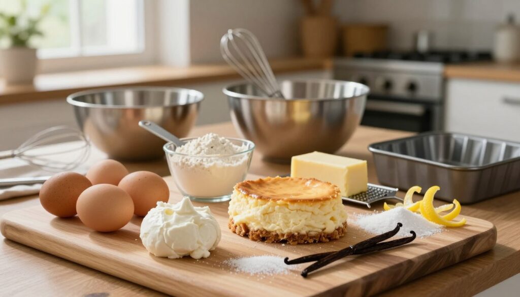 A beautifully arranged collection of ingredients for making a fluffy Viennese cheesecake. In the foreground, a wooden cutting board displays fresh eggs, creamy ricotta cheese, sugar, and vanilla beans, artfully scattered. In the middle, flour sits in a measuring cup, next to a stick of butter and a zester for lemon peel. A set of baking tools, including a mixing bowl, whisk, and cake pan, are placed nearby. In the background, softly blurred kitchen elements such as an oven and a window with natural light streaming in, enhancing the cozy atmosphere. The overall mood is inviting and warm, reflecting a homey kitchen environment, perfect for baking.