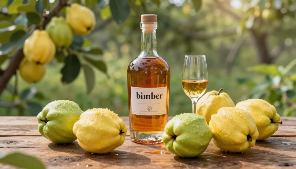 A beautifully arranged composition featuring pigwy (quince) fruits in various stages of ripeness. In the foreground, a rustic wooden table is adorned with fresh, vibrant quince fruits in shades of yellow and green, their skin glistening with dew. In the middle ground, an artisan glass bottle of bimber made from pigwy is displayed elegantly, showcasing its warm amber color, with a delicate glass beside it reflecting soft light. The background features blurred lush greenery, indicating the natural habitat of the quince trees, bathed in gentle, warm sunlight. The overall mood is cozy and inviting, evoking a sense of artisanal craftsmanship and the rich aromas of fruit-based spirits, perfect for illustrating the importance of quality ingredients in producing exceptional beverages.