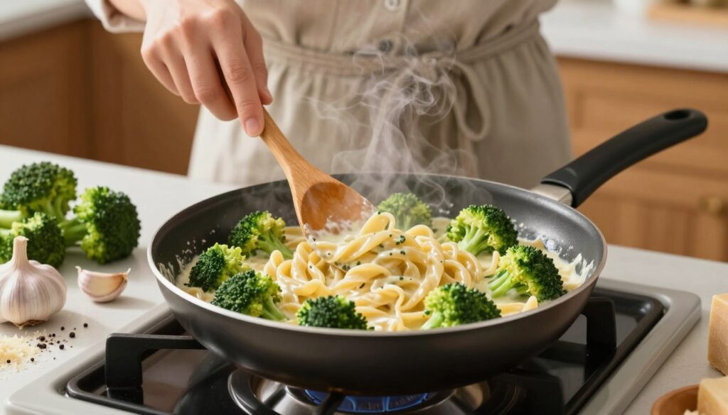A beautifully arranged cooking scene featuring a frying pan (patelni) over a stovetop, filled with creamy pasta and vibrant green broccoli. In the foreground, the pan is steaming, showcasing the pasta twirled with tender broccoli pieces coated in a rich, creamy sauce. Surrounding the pan, an assortment of fresh ingredients like garlic cloves, grated parmesan, and a sprinkle of black pepper add color and texture. The middle ground shows a hand gently stirring the pasta with a wooden spoon, clad in a casual kitchen outfit. In the background, a softly lit kitchen setting with warm wooden cabinets creates a cozy atmosphere. The image should be bright with natural light, emphasizing the freshness of the ingredients, capturing an inviting and homey feel.
