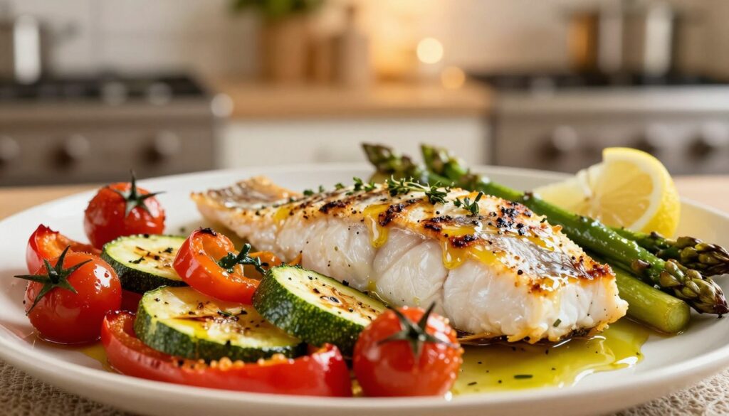 A beautifully arranged dish featuring roasted vegetables that complement fish, such as zucchini, bell peppers, cherry tomatoes, and asparagus, all roasted to a golden perfection. The foreground showcases the vibrant colors and textures of the freshly cooked vegetables, with glistening olive oil drizzled on top. In the middle, a perfectly cooked fish fillet rests elegantly beside the vegetables, seasoned with herbs and lemon. The background softly blurs into a cozy kitchen setting, with warm lighting that creates an inviting atmosphere. Capture the scene with a shallow depth of field, using a close-up angle to emphasize the deliciousness of the meal, conveying a sense of warmth and comfort ideal for a dinner setting.