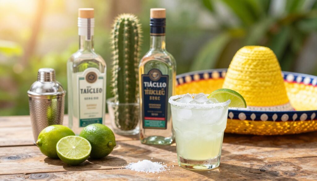 A beautifully arranged display of margarita ingredients on a rustic wooden table. In the foreground, fresh limes, a shaker, and a salt-rimmed glass filled with ice. In the middle, clear bottles of tequila and triple sec, alongside a vibrant green cactus and a vibrant yellow sombrero, suggesting a festive atmosphere. The background features a blurred outdoor setting with soft, warm sunlight filtering through greenery, creating an inviting and summery vibe. The image should capture bright colors and gleaming surfaces, featuring a shallow depth of field to emphasize the foreground elements with vibrant, natural lighting. Aim for a lively and refreshing mood to reflect the excitement of making a classic margarita.