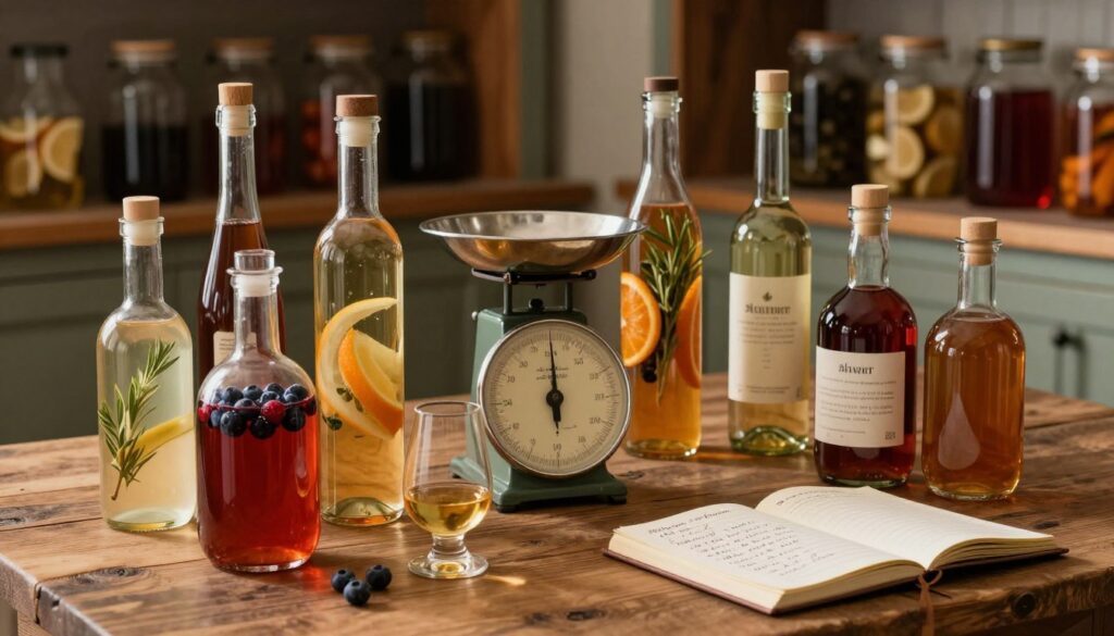 A beautifully arranged display of various homemade liqueurs in elegant glass bottles, sitting on a rustic wooden table. The foreground features a selection of colorful, infused liqueurs with fresh ingredients like berries, herbs, and citrus peels subtly visible. In the middle, a vintage scale measures the liqueurs as a reminder of their aging process, while a journal with handwritten notes about storage timelines and tasting profiles is partially open. The background showcases a softly lit pantry filled with shelves of liqueurs aging in glass jars, casting gentle shadows. The warm lighting creates a cozy, inviting atmosphere, emphasizing the artisanal nature of the subject. The image conveys a sense of patience and craftsmanship, perfectly capturing the essence of preserving flavor, aroma, and clarity over time.