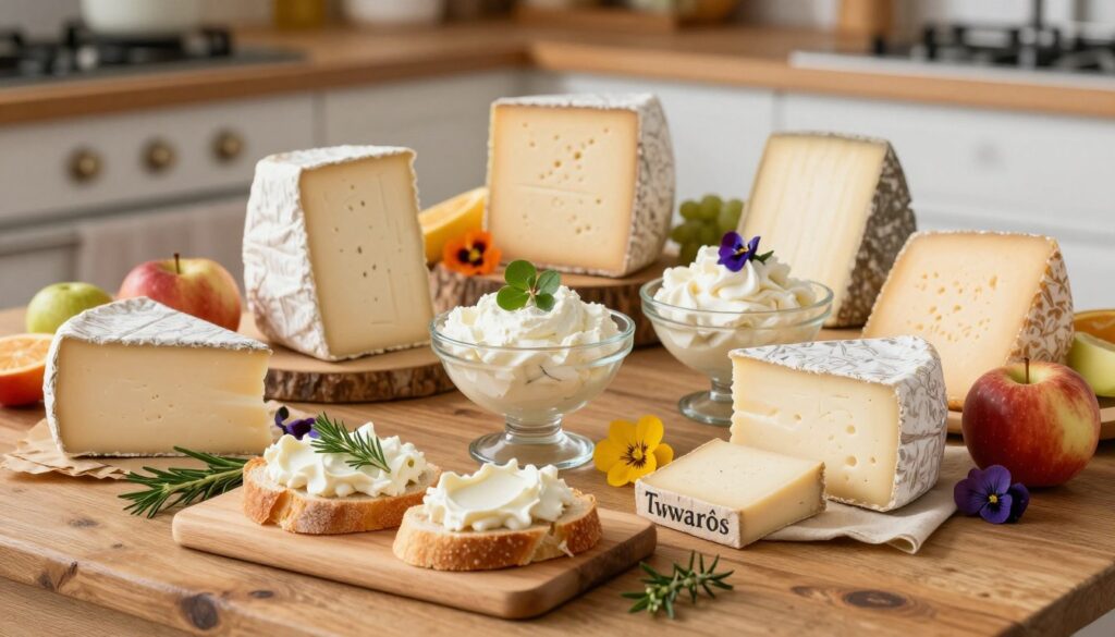 A beautifully arranged display of various types of cream cheeses available in Poland, focusing on popular varieties like mascarpone, twaróg, and philadelphia cheese, artistically styled on a rustic wooden table. In the foreground, a small wooden board features creamy cheese spread on freshly baked bread, garnished with herbs and edible flowers. The middle scene showcases the cream cheeses in elegant glass bowls, each labeled, surrounded by fresh fruits and decorative elements, creating a vibrant color palette. The background includes a softly blurred kitchen setting with warm, natural lighting that evokes a cozy atmosphere. Capture this scene from a slightly elevated angle to emphasize the textures and the inviting presentation of the cheeses.