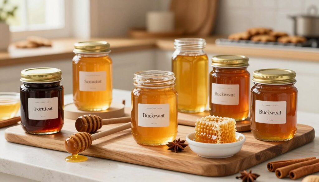 A beautifully arranged display of various types of honey suitable for gingerbread, showcasing distinct colors and textures. In the foreground, jars of honey, including dark forest honey, golden acacia honey, and amber buckwheat honey, are elegantly labeled, reflecting the rich flavors each brings to gingerbread. In the middle ground, a wooden tasting board featuring honey drizzlers, spoons, and small bowls filled with honeycomb and spices like cinnamon and cloves adds to the composition. The background softly blurs into a warm, inviting kitchen scene with subtle hints of gingerbread cookies cooling on a rack. Soft, natural lighting pours in from a window, creating a cozy atmosphere. The focus is sharp on the honey jars, capturing their glistening surfaces and inviting hues.