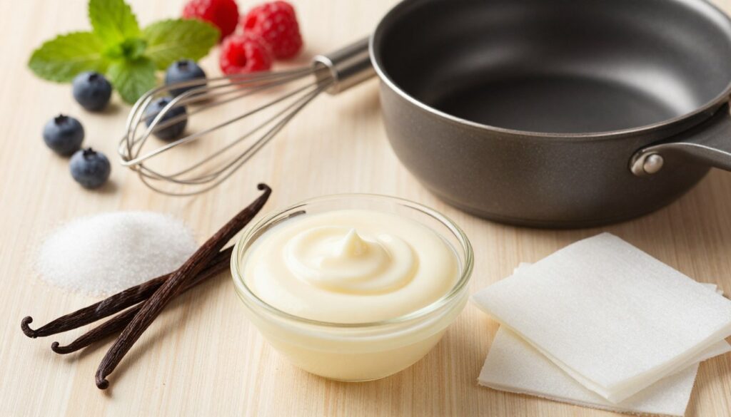 A beautifully arranged flat lay image showcasing the ingredients and equipment for making panna cotta. In the foreground, include a small bowl of silky cream, a portion of sugar, fresh vanilla beans, and gelatin sheets, all neatly presented. In the middle ground, add a whisk and a saucepan, highlighting key kitchen tools used in the preparation. The background should feature soft-focus elements like fresh berries and mint leaves, creating a vibrant, appetizing scene. Use warm, natural lighting to evoke a cozy kitchen atmosphere, emphasizing the textures and colors of the ingredients. The angle should be slightly overhead, capturing the essence of an inviting dessert-making process.