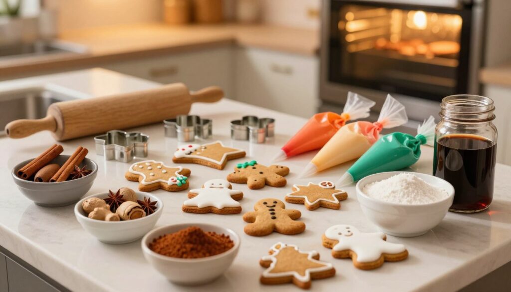 A beautifully arranged flat lay of essential ingredients and tools for making festive gingerbread cookies. In the foreground, showcase a vibrant assortment of spices like cinnamon, nutmeg, and ginger in small bowls, alongside sugar, flour, and molasses neatly displayed in charming jars. The middle layer features decorative cookie cutters in various festive shapes, such as stars and bells, along with piping bags filled with colorful icing. In the background, a softly lit kitchen countertop with a blurred wooden rolling pin and a warm, inviting oven. The scene is bathed in warm, golden lighting, creating a cozy holiday atmosphere. The angle is slightly above the arrangement, capturing the essence of festive baking preparations without any text or distractions, emphasizing the joy and creativity of holiday cooking.
