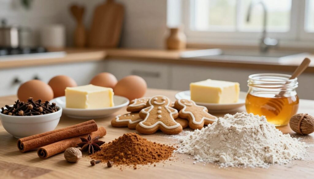 A beautifully arranged flat lay of ingredients for a traditional gingerbread cake, showcasing a variety of spices, nuts, and other elements essential for the recipe. In the foreground, vibrant ground cinnamon, cloves, and nutmeg are spread out in small bowls, alongside a mound of flour, brown sugar, and honey. The middle layer features eggs and soft butter, with gingerbread cookies in festive shapes as an inviting centerpiece. The background is softly blurred, revealing a warm, rustic kitchen setting with wooden utensils and a hint of holiday decorations. Soft, natural lighting filters through a nearby window, casting gentle shadows and creating a cozy, inviting atmosphere perfect for the holiday season.