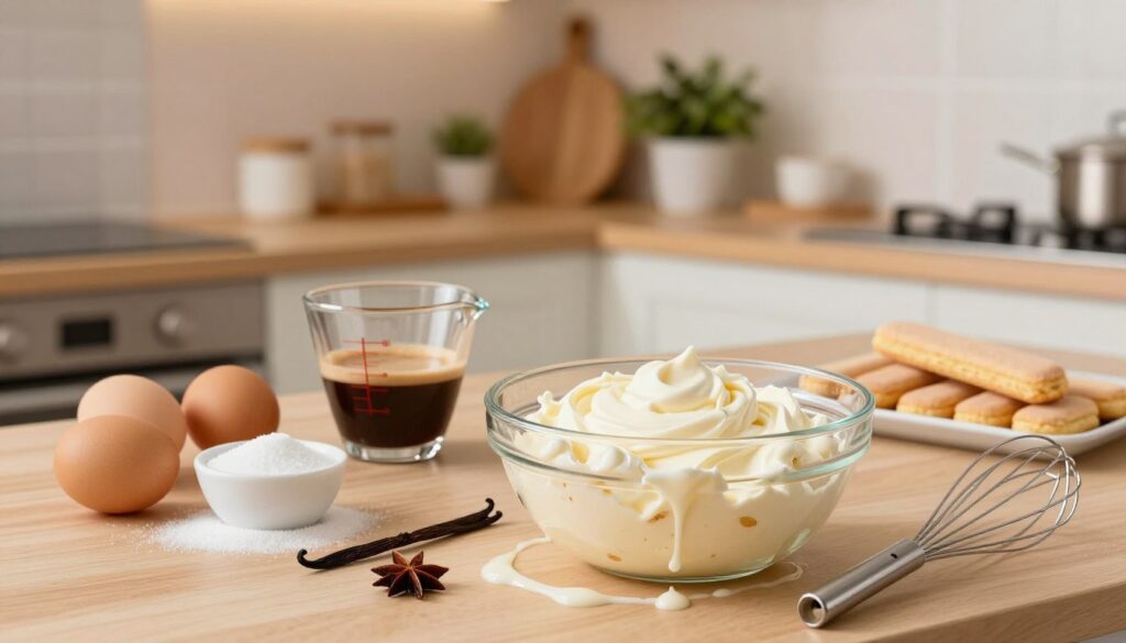 A beautifully arranged kitchen counter set for preparing mascarpone cream for tiramisu. In the foreground, a glass bowl filled with creamy mascarpone cheese, surrounded by fresh eggs, sugar, and vanilla extract. A whisk rests beside the bowl, with splashes of cream delicately draped around. In the middle, a measuring cup filled with espresso and a tray of ladyfinger cookies are visible. The background features a softly lit kitchen environment with pastel-colored walls, wooden cabinets, and a potted plant on a shelf. Warm, inviting lighting creates a cozy atmosphere, emphasizing the process of crafting this elegant dessert. The scene is shot from a slight angle to capture depth, highlighting the ingredients and their arrangement without any text or distractions.