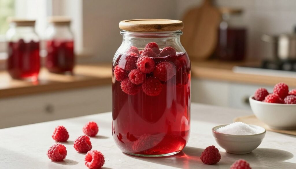 A beautifully arranged kitchen scene featuring a large, glass jar filled with vibrant, ripe raspberries, gently soaking in a rich, deep red liquid. The jar, with a rustic wooden lid, sits prominently on a sunlit countertop, surrounded by delicate scatterings of fresh raspberries and a small bowl of sugar. In the background, a wooden shelf displays other homemade infusions, adding a cozy, homey atmosphere. Soft, warm lighting filters through a nearby window, casting gentle shadows and highlighting the vibrant colors of the raspberries and liquid. The image captures a sense of craftsmanship and warmth, evoking the homey feel of creating delicious raspberry liqueur.