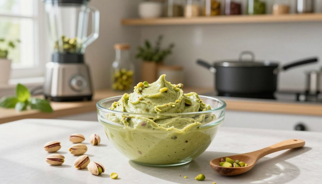 A beautifully arranged kitchen scene featuring a vibrant, creamy pistachio paste in a glass bowl, surrounded by raw pistachios and a wooden spoon. The foreground highlights the smooth texture of the paste, glistening under soft, natural lighting that cascades through a nearby window, creating an inviting ambiance. In the middle ground, there are kitchen tools like a blender and a saucepan, showcasing the process of making the pistachio mixture with fresh ingredients. The background includes shelves with jars of spices and herbs, adding depth and warmth to the scene. The overall mood is cozy and homely, emphasizing the artistry of homemade pistachio ice cream preparation. A beautifully arranged kitchen scene featuring a vibrant, creamy pistachio paste in a glass bowl, surrounded by raw pistachios and a wooden spoon. The foreground highlights the smooth texture of the paste, glistening under soft, natural lighting that cascades through a nearby window, creating an inviting ambiance. In the middle ground, there are kitchen tools like a blender and a saucepan, showcasing the process of making the pistachio mixture with fresh ingredients. The background includes shelves with jars of spices and herbs, adding depth and warmth to the scene. The overall mood is cozy and homely, emphasizing the artistry of homemade pistachio ice cream preparation.