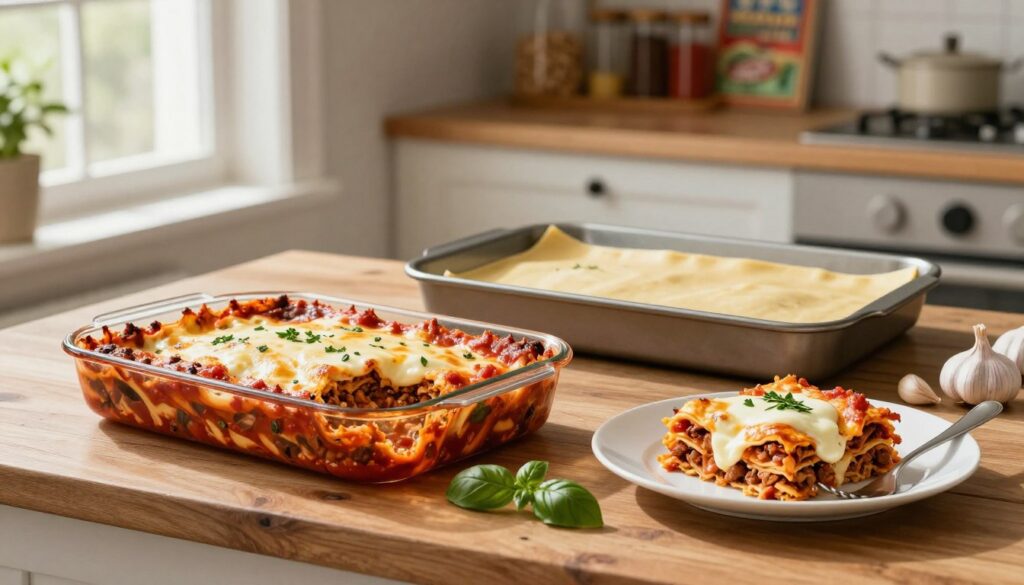 A beautifully arranged kitchen scene featuring three different trays of lasagna: one tray of freshly baked, golden-brown lasagna bubbling with cheese and meat, another tray of uncooked lasagna ingredients layered and ready for the oven, and a third tray of portioned lasagna slices placed neatly on a white plate with a fork beside it. In the foreground, soft natural light filters through a window, illuminating the vibrant colors of the mozzarella, tomato sauce, and fresh herbs. In the middle ground, a rustic wooden countertop adds warmth, with a few ingredients like basil leaves and garlic cloves scattered around. In the background, a cozy kitchen atmosphere is created with decorative shelves lined with spices and cookbooks. The mood is inviting and homey, emphasizing the comfort of Italian cuisine.