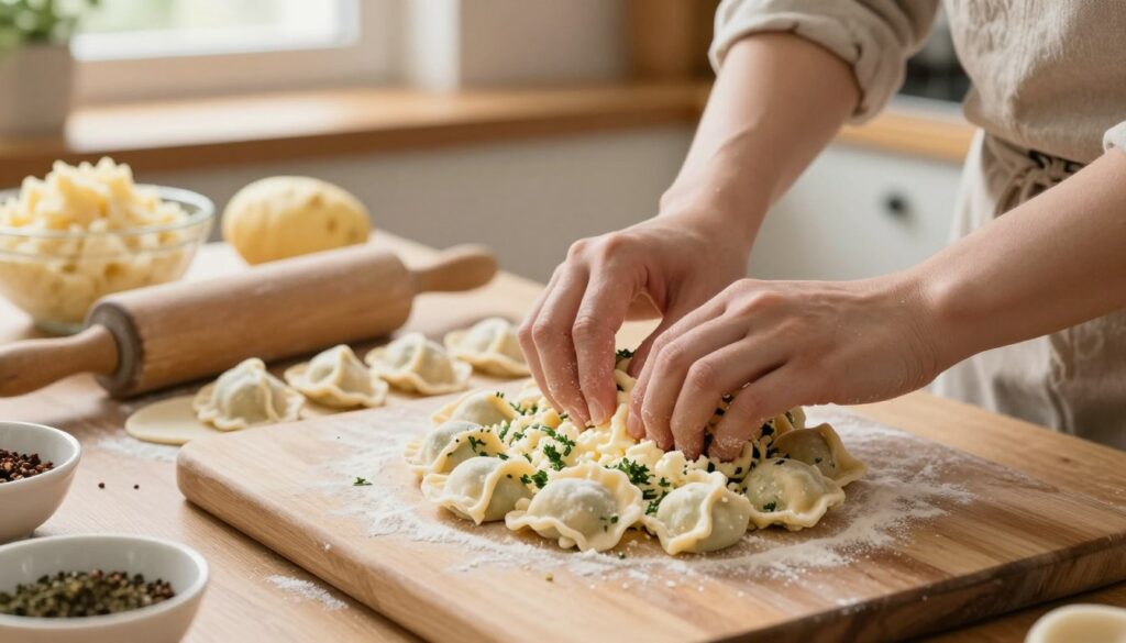 A beautifully arranged kitchen scene highlighting the preparation of pierogi filling. In the foreground, a wooden cutting board with a mound of creamy cheese filling, mixed with finely chopped herbs and a sprinkle of flour, ready to be thickened. A pair of hands, clad in modest casual attire, are gently kneading the filling to achieve the perfect consistency, ensuring it won’t leak. In the middle ground, a rolling pin and a stack of fresh dumpling dough lay nearby, alongside a bowl of additional ingredients like mashed potatoes and spices. The background features a warm, cozy kitchen with soft, natural lighting coming from a window, illuminating the ingredients and creating a homely atmosphere. The overall mood is inviting and focused, embodying the traditional essence of making pierogi.