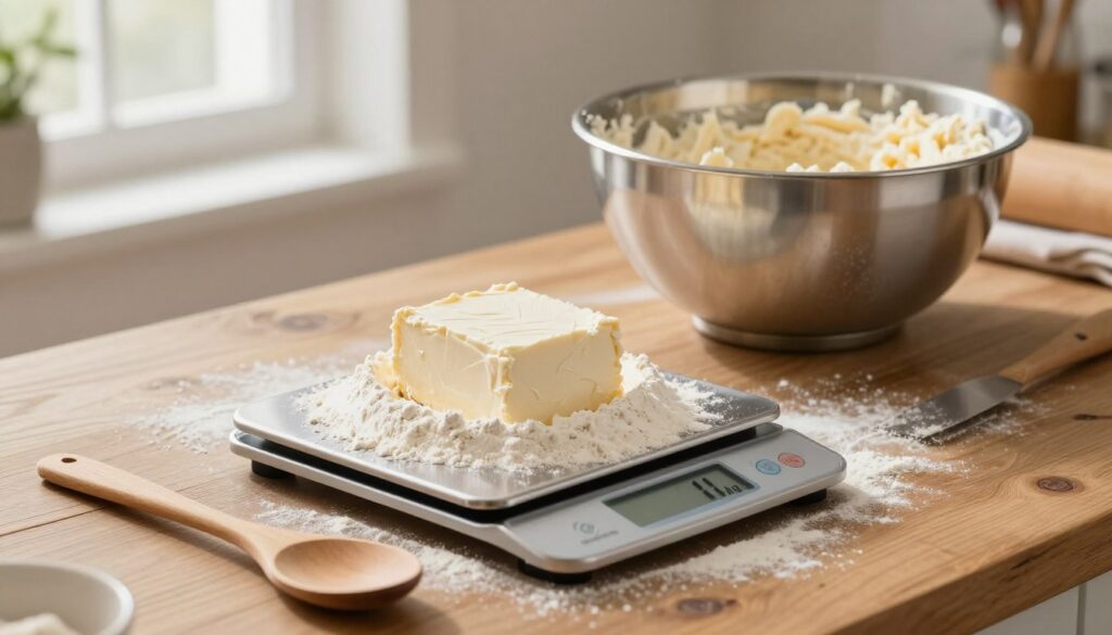 A beautifully arranged kitchen setting featuring a digital scale showing 1 kg of creamy cheese surrounded by a heap of flour, emphasizing the precise measurement needed for cheesecake preparation. In the foreground, a wooden spoon rests next to the scale, hinting at the mixing process. The middle ground showcases a rustic wooden table, with a stainless steel mixing bowl partially filled with the cheese and flour mixture, ready for baking. Soft, natural lighting streams in from a nearby window, creating a warm and inviting atmosphere. The background includes a softly blurred view of kitchen utensils and ingredients, enhancing the focus on the flour and cheese while conveying a sense of culinary expertise and homeliness.