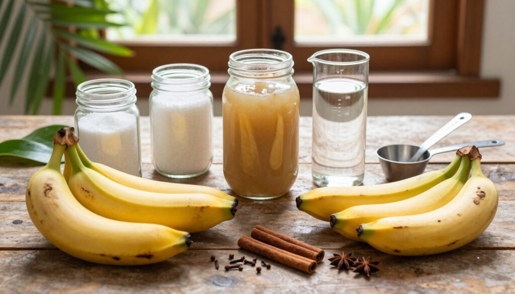 A beautifully arranged layout of ingredients for banana fermentation on a rustic wooden table. In the foreground, ripe yellow bananas, with a few slightly overripe ones for flavor depth, and a selection of essential spices such as cinnamon and cloves, arranged aesthetically. The middle ground features glass jars of sugar, yeast, and water, alongside measuring cups and spoons, showcasing precise proportions. In the background, soft natural light streams through a window, creating a warm atmosphere. The scene is enhanced with green leaves and a few tropical plants peeking in from the edges, evoking an exotic feel. The image captures the essence of craftsmanship and tradition, focusing on the elements that make banana-based distillation unique and inviting.