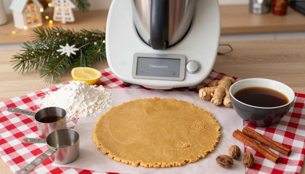 A beautifully arranged overhead view of an assortment of ingredients for gingerbread dough: flour, brown sugar, ground ginger, cinnamon, nutmeg, and a bowl of molasses. Include measuring cups and spoons next to the ingredients, with an elegant red and white checked cloth underneath. In the background, a sleek Thermomix appliance shines brightly, hinting at its use in the preparation process. The kitchen is softly lit with warm, inviting light, creating a cozy, festive atmosphere. Incorporate delicate holiday decorations in the background, such as a sprig of evergreen and a few cinnamon sticks. The overall mood is cheerful and inviting, perfect for holiday baking preparations.