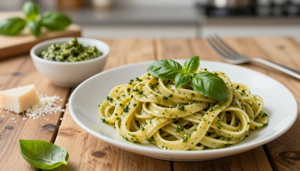 A beautifully arranged plate of al dente pasta, perfectly cooked with a slight firmness, showcased at the foreground. The pasta, glistening under soft, natural light, is coated in a vibrant, aromatic pesto, with fresh basil leaves scattered strategically for garnish. In the middle, a rustic wooden table complements the dish, with a small bowl of extra pesto and a sprinkle of grated Parmesan cheese nearby. The background features a softly blurred kitchen setting, with hints of herbs and cooking utensils, creating a warm and inviting atmosphere. The angle is slightly overhead, capturing the textures and colors vividly, inviting the viewer to appreciate the culinary art of making pasta.