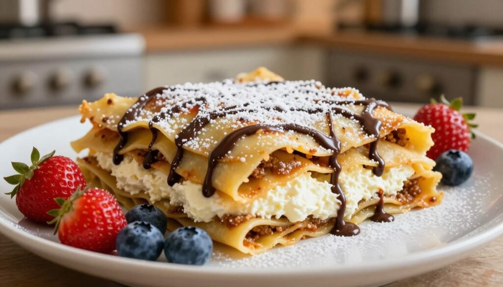 A beautifully arranged plate of sweet lasagna, displaying layers of delicate, thin pasta sheets filled with rich mascarpone cream and sweetened ricotta cheese. The dish is topped with a sprinkle of powdered sugar and a drizzle of chocolate sauce, artfully cascading down the sides. In the foreground, vibrant, fresh berries such as strawberries and blueberries are scattered around the plate, adding color and freshness. The background features a softly blurred kitchen setting with warm, inviting lighting that highlights the textures of the dish. The image is taken from a slightly elevated angle, capturing the delicious layers and inviting presentation of this unique dessert, evoking a sense of warmth and indulgence.