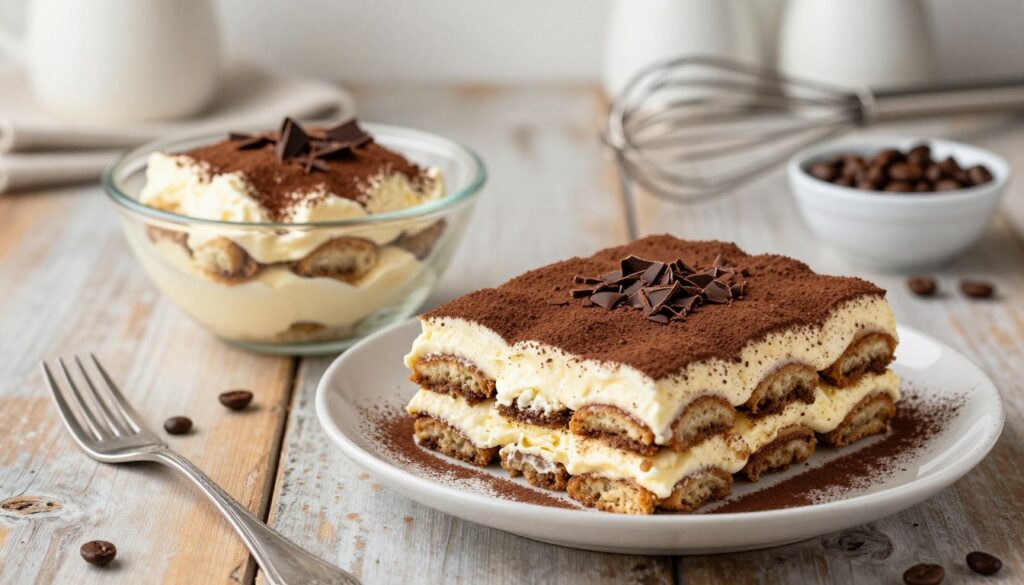 A beautifully arranged plate of tiramisu featuring layers of creamy mascarpone and coffee-soaked ladyfingers (biszkopty), set against a rustic wooden table. In the foreground, the tiramisu is garnished with a dusting of cocoa powder and a sprinkle of dark chocolate shavings, showcasing its rich texture. In the middle ground, a delicate glass dish with extra servings of the delicious cream is positioned, invitingly. The background consists of soft-focus kitchen elements, such as an elegant whisk and a small bowl of coffee beans, creating a warm and inviting atmosphere. The lighting is soft and natural, suggesting a cozy afternoon. The scene conveys a sense of indulgence while emphasizing the attention to detail in preparing the classic dessert.