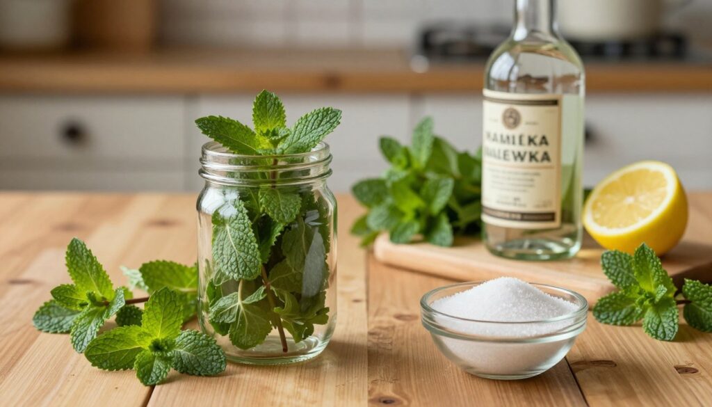 A beautifully arranged scene depicting the ingredients and equipment needed to make mint nalewka. In the foreground, a glass jar filled with vibrant green mint leaves is placed next to a small bowl of sugar and a vintage bottle of high-proof alcohol, reflecting soft light. The middle ground features a clean wooden table, thoughtfully scattered with fresh mint stems and a wooden cutting board with a freshly sliced lemon. In the background, softly blurred, there is a rustic kitchen setting with warm lighting, enhancing the cozy and inviting atmosphere. Capture the essence of freshness and aromatic charm, focusing on colors and textures that evoke a sense of home brewing. Use a warm, natural light to illuminate the scene, emphasizing the vibrant greens of the mint and the warm wood tones.