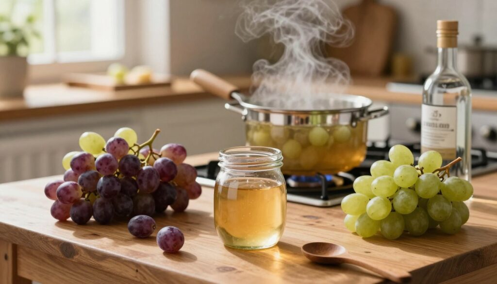 A beautifully arranged scene depicting the process of making homemade grape nalewka. In the foreground, a clean wooden kitchen table is adorned with fresh, plump grapes in various shades of purple and green, along with a glass jar filled with a golden liquid, reflecting light. A shiny bottle of high-proof spirit and a wooden spoon are nearby. In the middle ground, a small pot containing grape juice simmering gently on a stove, with steam rising and filling the air with warmth. The background features soft, natural light filtering through a window, illuminating the rustic kitchen with warm tones, creating a cozy atmosphere. The setting exudes a sense of simplicity and homey charm, perfect for an inviting culinary moment.
