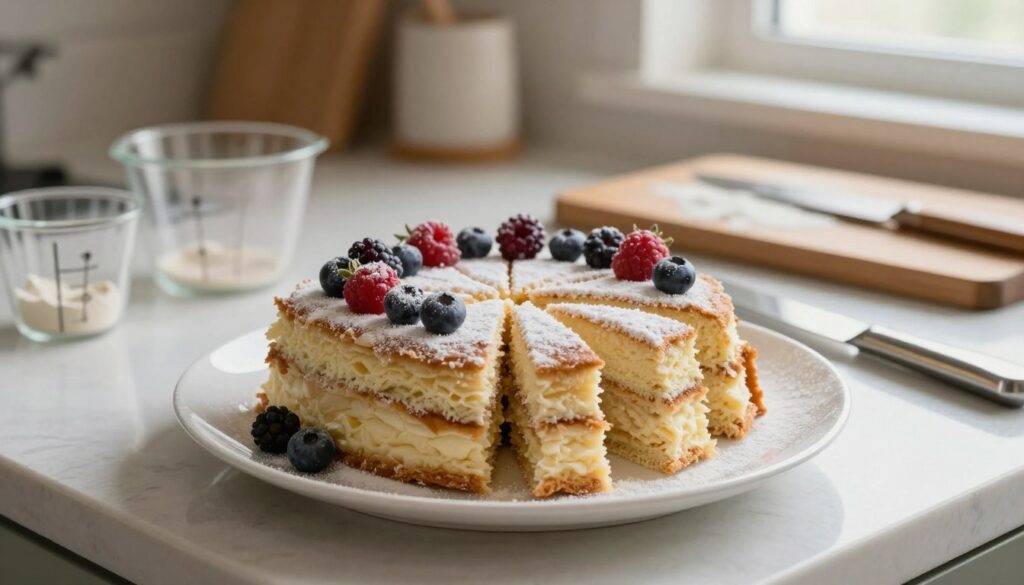 A beautifully arranged scene featuring a delicate cake, sliced into uniform pieces with precision. In the foreground, focus on a pristine white plate showcasing the cake, its layers slightly revealed, decorated with a light dusting of powdered sugar and fresh berries. A sharp, elegant knife rests beside the cake, hinting at the art of cutting. The middle ground captures a soft-focus kitchen counter, adorned with baking tools like measuring cups and a smooth cutting board dusted with flour. The background includes subtle hints of warm, inviting lighting filtering through a nearby window, creating a cozy atmosphere. The overall mood is calm and inviting, emphasizing the gentle process of cutting delicate pastries with care and skill.
