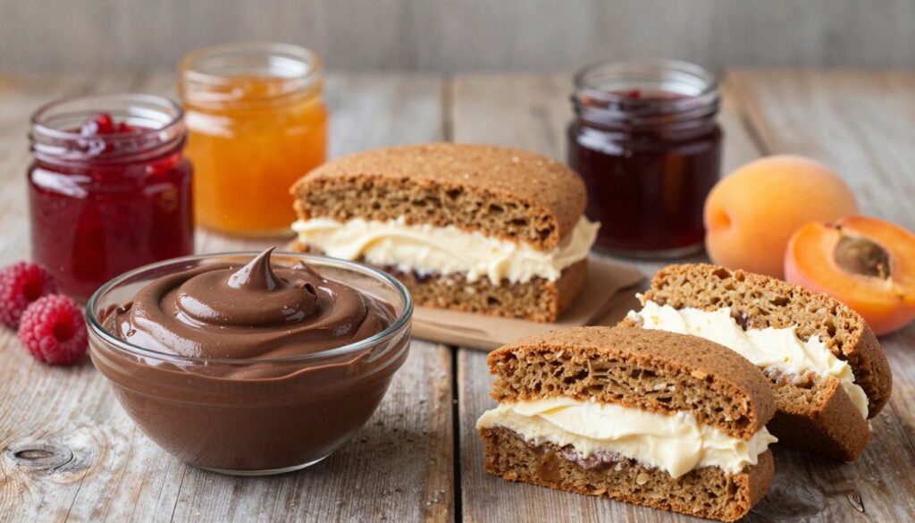 A beautifully arranged scene featuring a variety of rich, creamy fillings and spreads perfect for layering gingerbread cakes. In the foreground, focus on an elegant glass bowl filled with a luscious chocolate cream, its glossy surface reflecting light. Nearby, showcase small jars of vivid fruit preserves, such as raspberry and apricot, their bright colors contrasting against the muted wood background. In the middle, display soft gingerbread cakes, partially sliced to reveal their sumptuous interiors filled with the creams. A rustic wooden table adds warmth to the atmosphere, with natural soft lighting illuminating the scene, creating an inviting and cozy vibe. Capture the image from a slightly elevated angle to enhance the arrangement, emphasizing the textures and colors of the desserts, making the viewer crave these delectable treats.