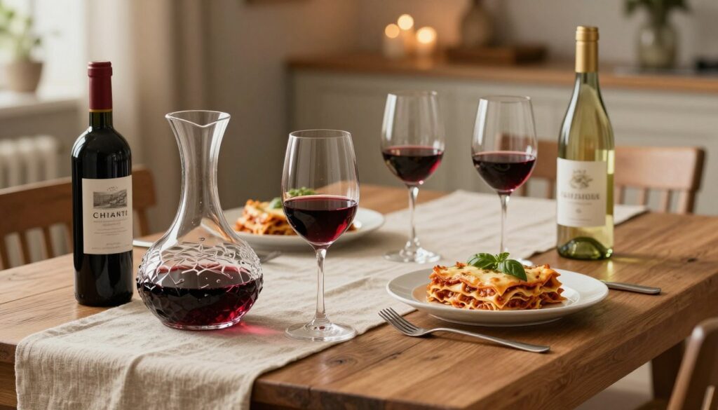 A beautifully arranged table set for serving wine, featuring a crystal wine decanter and elegant glasses filled with red and white wine, showcasing the perfect pairing for lasagna. In the foreground, place a bottle of Chianti and a bottle of Sauvignon Blanc alongside the decanter. The middle ground should have a rustic wooden table adorned with a simple, elegant linen tablecloth, and a plate of classic lasagna topped with fresh basil. In the background, a softly lit dining area creates a warm ambiance, with gentle bokeh lights enhancing the atmosphere. Use soft, diffused lighting to evoke a cozy and inviting mood, ensuring the scene radiates sophistication and charm, ideal for a wine-serving experience. The perspective should be slightly above the table level, capturing the inviting setup in a harmonious composition.