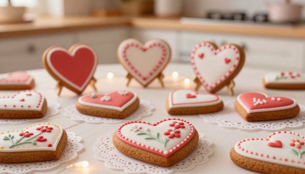 A beautifully arranged table showcasing intricately decorated Valentine's Day gingerbread hearts, or "pierniczki." The foreground features a close-up of a heart-shaped gingerbread cookie embellished with royal icing in shades of red and white, adorned with delicate floral patterns. In the middle, there's a beautifully styled display of assorted gingerbread cookies, some standing upright, while others lie elegantly on fine white lace, surrounded by soft, romantic lighting that creates a warm, inviting atmosphere. The background features hints of a cozy kitchen, with blurred notions of wood and pastel-colored decor, enhancing the romantic vibe. The scene is illuminated by soft, golden light to evoke a feeling of warmth and tenderness, perfectly capturing the essence of Valentine's Day.