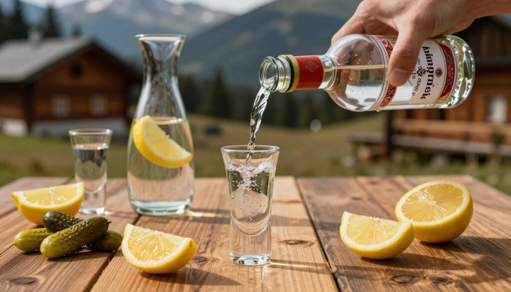 A beautifully arranged table showcasing the art of serving vodka, featuring elegant shot glasses filled with clear, high-quality vodka, a carafe alongside garnishes like lemon slices and pickled vegetables. In the foreground, a rustic wooden table adds warmth to the scene, enhancing the inviting atmosphere. The middle ground captures a hand pouring vodka from a decorative bottle into a shot glass, emphasizing the ritual of serving. Soft, warm lighting creates a cozy, intimate mood, while highlights shimmer on the glass surfaces. The background features a subtle hint of traditional mountain scenery, like wooden cabins and pine trees, reflecting the cultural roots of "bimber góralski." The overall composition evokes a sense of warmth, tradition, and the joy of sharing a drink with friends.
