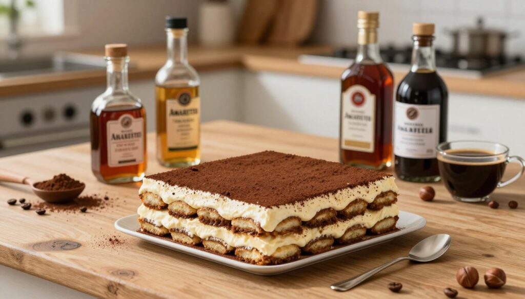 A beautifully arranged tiramisu dessert, showcasing layers of creamy mascarpone and coffee-soaked ladyfingers, is presented on a rustic wooden table. Surrounding the tiramisu are elegant bottles of various alcohol substitutes for amaretto, such as hazelnut liqueur and coffee liqueur, each labeled subtly to enhance the aesthetic. The foreground is brightened with soft, natural lighting, emphasizing the dessert's textures while casting gentle shadows. In the background, a blurred kitchen setting creates a warm and inviting atmosphere, adorned with simple kitchen tools and ingredients like cocoa powder and coffee beans. The overall mood conveys a sense of culinary exploration and warmth, perfect for a cozy gathering. The scene is shot from a slightly elevated angle, providing a comprehensive view of the dessert and its complementary liquors, inviting the viewer to indulge in this delicious creation.