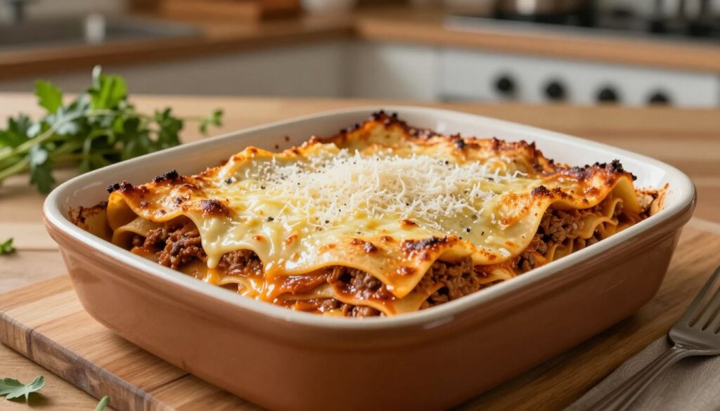 A beautifully baked lasagne, golden and bubbling, sits in a rustic ceramic dish on a wooden table. The layers of pasta are perfectly visible, revealing rich, hearty layers of classical meat sauce, creamy béchamel, and a generous sprinkle of melted mozzarella and Parmesan cheese on top. In the background, a kitchen with herbs and fresh ingredients scattered around hints at the making of this dish. Gentle, warm lighting bathes the scene, enhancing the colors of the lasagne and adding a homey atmosphere. The shot is taken from a slightly elevated angle to capture the depth of the layers, inviting viewers to appreciate the texture and detail of this beloved meal. The mood is comforting and inviting, perfect for a cozy gathering.