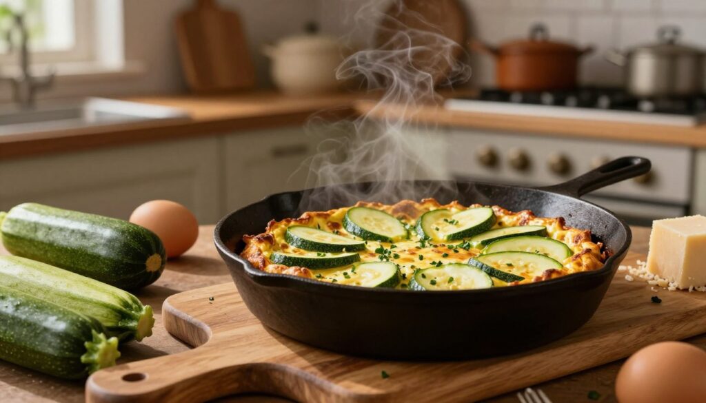 A beautifully cooked frittata with zucchini, depicted in a rustic kitchen setting. The frittata is golden-brown and fluffy, with vibrant green slices of zucchini and flecks of herbs visible on top. In the foreground, a wooden cutting board is filled with fresh ingredients: whole zucchinis, eggs, and a sprinkle of cheese. In the middle of the image, the cast-iron skillet glows softly, with steam rising, adding a warm, inviting atmosphere. The background features a warm, softly lit kitchen with wooden cabinets and pots hanging, creating a homey feel. The overall mood is cozy and inviting, perfect for a quick breakfast or dinner idea. Natural lighting enhances the textures and colors, allowing the dish to shine as the focal point.