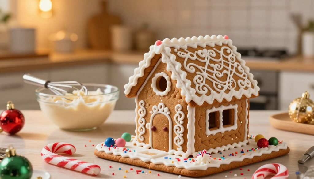 A beautifully decorated gingerbread house adorned with royal icing, showcased prominently in the foreground. The icing is thickly spread in intricate patterns, including swirls and sugar lace, shimmering with a glossy finish. Surrounding the house, there are festive elements like colorful candy canes, sprinkles, and small decorative ornaments that contrast against the white of the icing. In the middle ground, a silver whisk and a bowl filled with royal icing sit, indicating the preparation process. The background features a softly lit kitchen with warm, golden ambient light creating a cozy and inviting atmosphere. The scene is captured at a slight angle, emphasizing the details of the icing while maintaining clarity in the overall composition. The mood is cheerful and holiday-inspired, perfect for showcasing the art of gingerbread decoration.