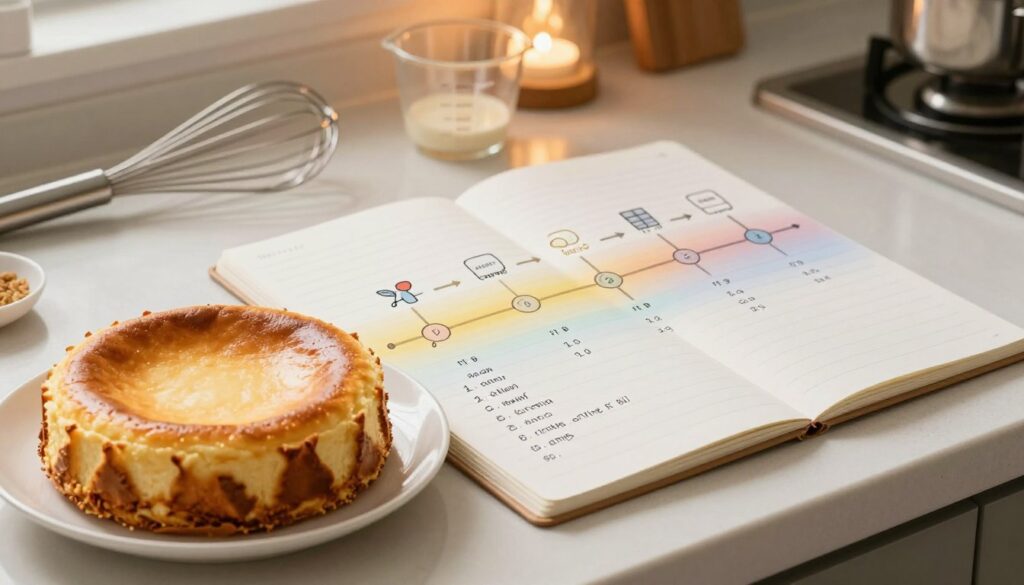 A beautifully organized kitchen countertop featuring a harmonogram for cooling cheesecake, complete with a visual timeline laid out on an elegant notepad. In the foreground, a rich, golden-brown cheesecake sits on a white ceramic plate, emitting a subtle sheen, hinting at its freshly-baked aroma. The middle layer includes a gentle gradient of colors on the notepad with handwritten time markers and icons illustrating each cooling step. The background includes soft-focus kitchen utensils, like a whisk and measuring cups, softly illuminated by warm, ambient light, creating a cozy and inviting atmosphere. The overall mood is calm and instructional, perfect for capturing the essence of a methodical cooling process.