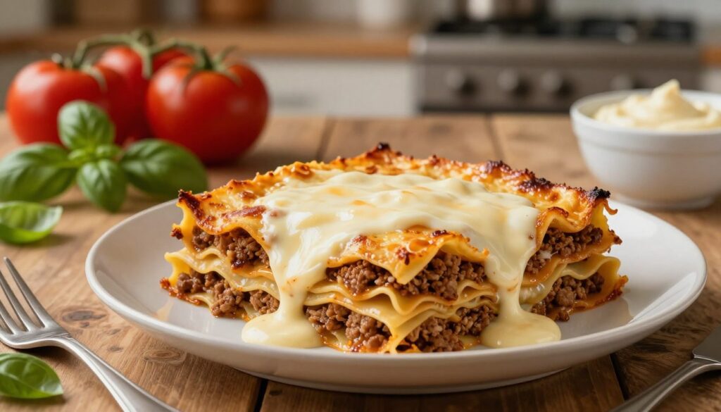 A beautifully plated serving of rich lasagna with béchamel sauce, layered with sheets of pasta, ground meat, and a generous amount of creamy béchamel on top. In the foreground, the lasagna is the star, showcasing its golden-brown top, glistening with cheese. The middle ground features a rustic wooden table with scattered ingredients like fresh basil, ripe tomatoes, and a small bowl of béchamel sauce, hinting at its preparation. In the background, a softly blurred kitchen scene adds warmth, illuminated by warm, diffused lighting that enhances the inviting atmosphere. The angle is slightly above the dish, emphasizing the layers of the lasagna and creating depth, suggesting a delicious culinary experience.