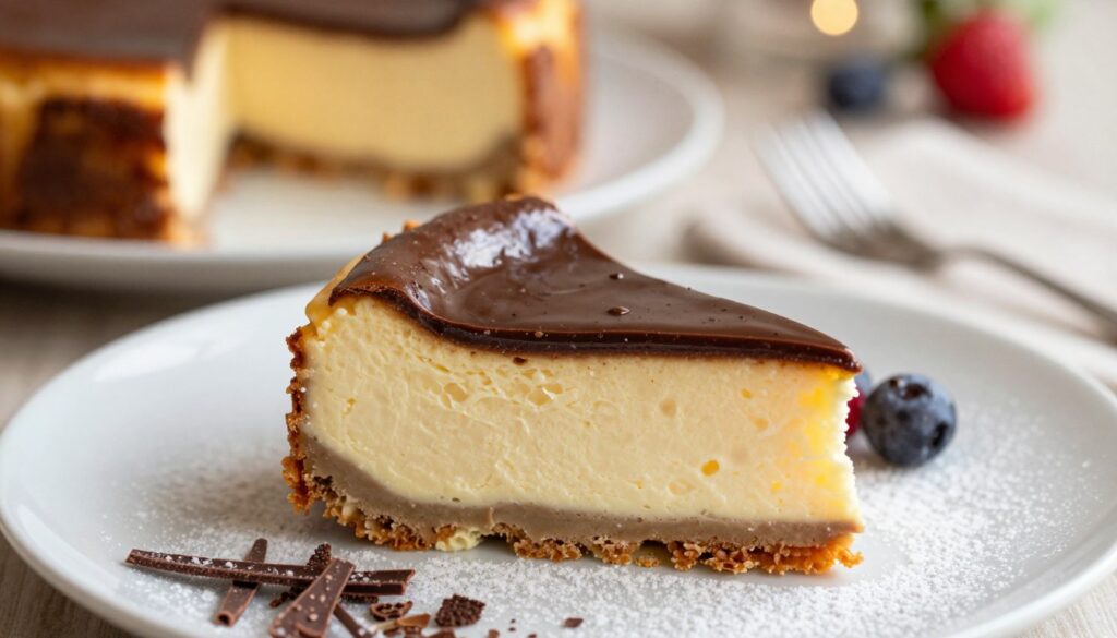 A beautifully plated slice of fluffy cheesecake, topped generously with a glossy chocolate glaze that glistens under soft, warm lighting. The foreground features the cheesecake, showcasing its light, airy texture with a slight creaminess. Surrounding the cake are a dusting of fine powdered sugar and delicate edible decorations, like chocolate shavings and fresh berries, enhancing the visual appeal. The middle ground includes a small, elegant plate and a dessert fork, hinting at a ready-to-enjoy treat, while the background is softly blurred to emphasize the main subject, with gentle bokeh effects. The overall mood is inviting and indulgent, perfect for a delightful dessert experience. The angle is a slightly elevated view, bringing the focus to the textures and layers of the cheesecake and its decadent toppings.