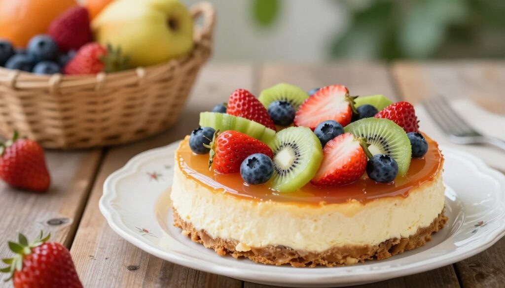 A beautifully presented cheesecake topped with an array of vibrant, fresh fruits, including strawberries, blueberries, and kiwi slices. The dessert sits elegantly on a delicate, white porcelain plate adorned with subtle floral patterns. In the foreground, the cheesecake has a glossy, translucent layer of fruit jelly that glimmers under soft, natural lighting. The middle ground includes a rustic wooden table setting with a slightly blurred fruit basket filled with various seasonal fruits, adding a touch of color. The background is softly out of focus with hints of green foliage, evoking a fresh spring atmosphere. The angle is slightly elevated, giving a clear view of the cheesecake with a warm, inviting feel.