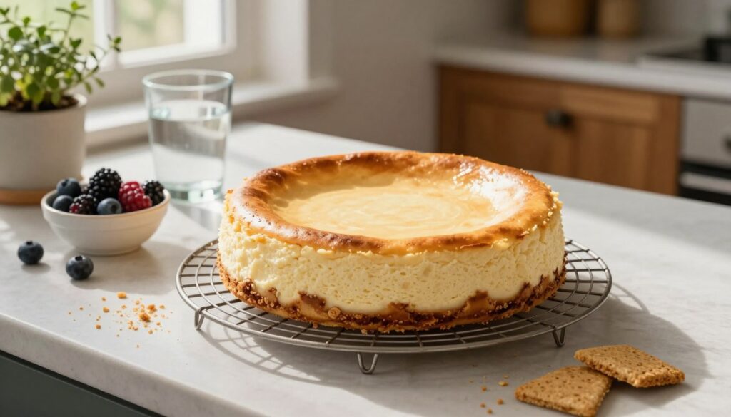 A beautifully set kitchen countertop featuring a freshly baked cheesecake cooling on a wire rack, exuding a rich, creamy texture with a light golden-brown top. Surrounding the cheesecake are various ingredients used in its preparation, such as scattered crumbs of graham cracker, a small bowl of fresh berries, and a glass of water nearby. Soft, natural lighting filters through a window, illuminating the scene and casting gentle shadows, creating a warm, inviting atmosphere. In the background, a glimpse of a rustic kitchen with wooden cabinets and herbs in pots adds depth. Capture the image from a slight angle above to highlight the cheesecake's surface and the cooling process, emphasizing its significance in achieving a perfect final result.