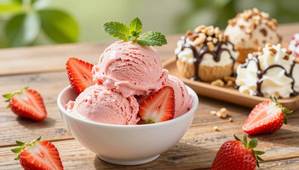 A beautifully styled bowl of strawberry ice cream sits enticingly at the forefront, garnished with fresh sliced strawberries and mint leaves. The ice cream is a rich, creamy pink hue, glistening under soft, natural light that enhances its delicious texture. In the middle ground, a rustic wooden table adds warmth and charm, while beside the bowl are various delightful toppings like crushed nuts, chocolate syrup, and whipped cream, artfully arranged. The background features a blurred outdoor setting, suggesting a cheerful summer day, with bright green leaves basking in the sunlight. The overall mood is inviting and refreshing, capturing the essence of a homemade summer dessert perfect for sharing. The image should be shot from a slightly elevated angle to showcase the toppings and textures.