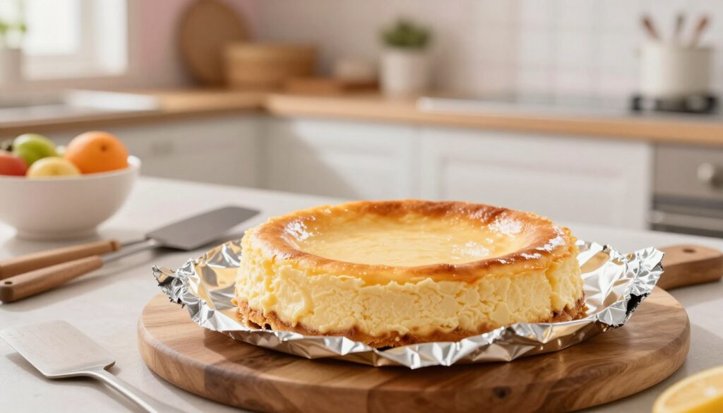 A beautifully styled kitchen scene captures the moment of salvaging an undercooked cheesecake. In the foreground, a slightly sunken cheesecake sits on a round wooden cutting board, its golden crust glistening with a hint of moisture. Surrounding the cheesecake, a layer of reflective aluminum foil is carefully placed, highlighting the contrast between the warm, creamy filling and the shiny metal. In the middle ground, various baking tools like a spatula and measuring cups rest alongside a bowl of luminescent, fresh fruit, hinting at a potential topping. The background features a softly lit kitchen with pastel-colored walls, creating a homey atmosphere. The scene is illuminated by warm natural light streaming through a nearby window, enhancing the inviting and warm mood of the space.