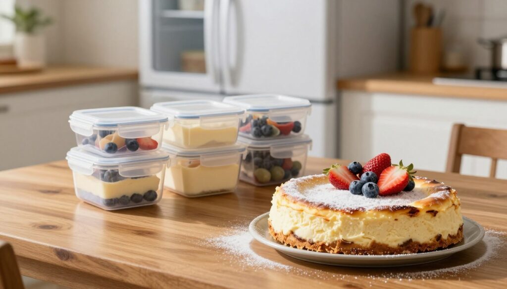 A beautifully styled kitchen with a polished wooden table in the foreground, showcasing a richly textured frozen cheesecake. The cheesecake, adorned with a light dusting of powdered sugar, features fruit garnishes like fresh strawberries and blueberries, emphasizing its ready-to-freeze state. In the middle, a set of clear, labeled airtight containers designed for freezer storage are neatly arranged, illustrating the essential steps for keeping texture intact during freezing. The background features a softly lit refrigerator, exuding warmth and coziness, creating an inviting atmosphere. The lighting should be bright and natural, mimicking a sunlit kitchen, casting gentle shadows that enhance the scene. The overall mood should feel homey and professional, highlighting the process of preparing cheesecake for freezing while maintaining quality.