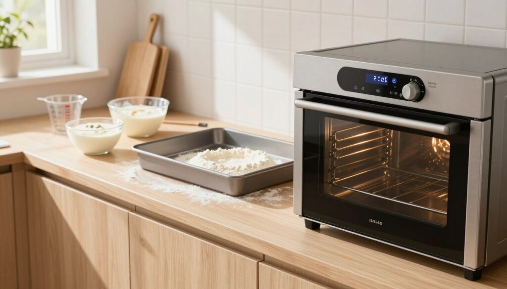 A bright and inviting kitchen scene focused on a well-organized baking station. In the foreground, a modern oven is displayed, showcasing its sleek design with digital controls illuminated. The middle ground features a sturdy baking pan, lightly dusted with flour, surrounded by measuring cups and a bowl filled with yogurt, emphasizing the context of cake preparation. In the background, soft sunlight streams through a window, casting warm light across the countertop, enhancing the cheerful atmosphere. The kitchen style is contemporary with light wood cabinets and white tiles, evoking a sense of cleanliness and order. The overall mood is warm and inviting, encouraging the viewer to embark on their own baking adventure, with a focus on the details that make a difference in baking success.