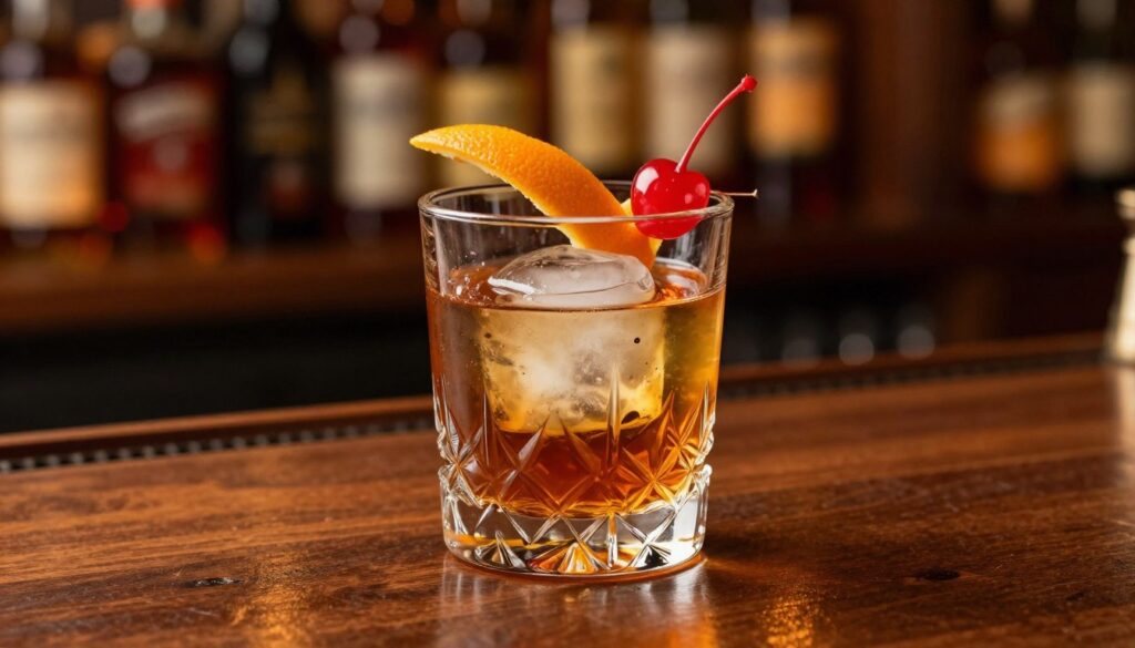 A close-up composition of an old-fashioned glass, filled with a classic whiskey cocktail featuring a large ice cube, garnished with an orange twist and a maraschino cherry. The glass sits elegantly on a polished wooden bar top, with subtle reflections showing its intricate cut-glass pattern. In the background, softly blurred shelves of various whiskey bottles create an inviting atmosphere, illuminated by warm, ambient lighting that highlights the rich amber color of the drink. The scene is captured from a slightly elevated angle, showcasing the details of the glass and its contents, embodying a timeless, sophisticated feel ideal for a classic cocktail experience. The mood is warm and inviting, perfect for cocktail enthusiasts.