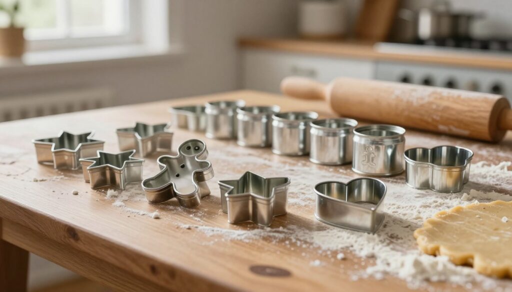 A close-up image of handmade cookie cutters crafted from aluminum cans, showcasing various festive shapes like gingerbread men, stars, and hearts. The foreground features a well-lit wooden table, strewn with flour and dough, emphasizing the crafting process. In the middle, the aluminum molds are neatly arranged, displaying their metallic shine and intricate edges. The background includes a cozy kitchen setting with warm, natural lighting filtering through a window, creating an inviting atmosphere. Soft shadows enhance the textures of the dough and tools. The overall composition evokes a sense of creativity and homey warmth, perfect for illustrating a DIY approach to baking.