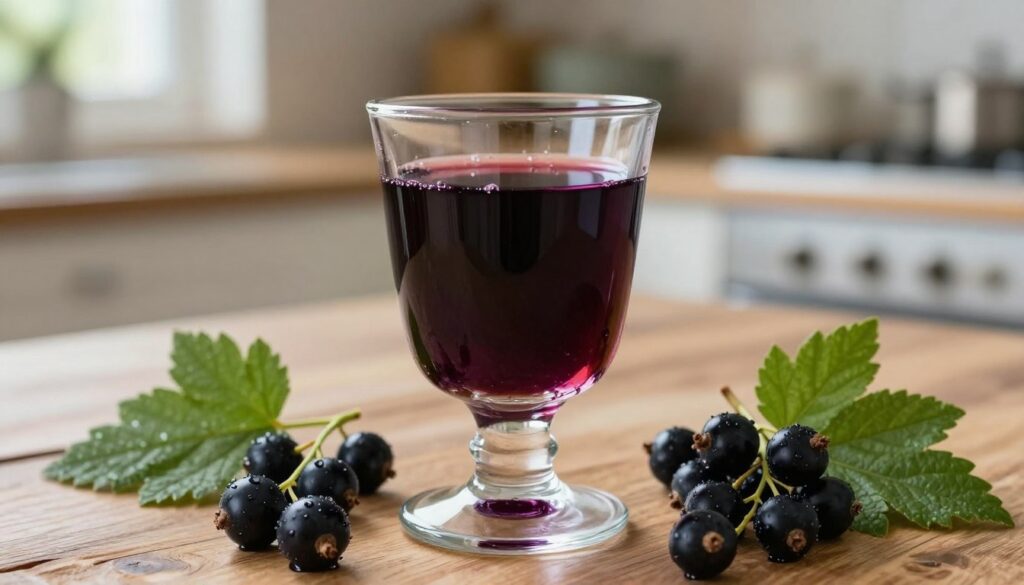 A close-up of a beautifully arranged glass of homemade black currant liqueur, rich in deep purple hues, sitting on a rustic wooden table. Surrounding the glass are fresh black currants, glistening with dew, and sprigs of green leaves for contrast. In the background, softly blurred, you can see a cozy kitchen atmosphere with warm, natural lighting filtering through a window, illuminating the scene. The glass should capture the liquid's enticing clarity and reflective quality, showcasing the liqueur's depth. The mood is warm and inviting, evoking a sense of homemade craftsmanship and the joy of traditional recipes. No text or overlays are present in the image.