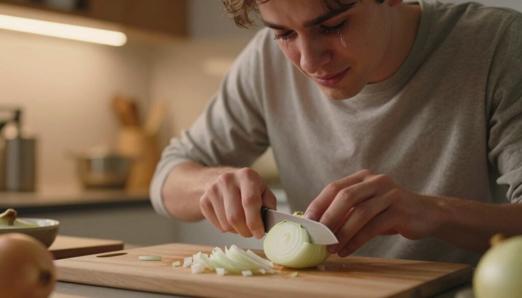 A close-up of a kitchen scene showcasing a person in modest casual clothing, carefully slicing an onion on a cutting board. Tears are forming in their eyes to illustrate the challenge of cutting onions, with a focused expression on their face. The background features a warm, softly lit kitchen to create an inviting atmosphere. Soft shadows are cast from overhead lights, emphasizing the onion's layers and the glistening knife. A few chopped onion pieces scatter around the cutting board to represent the process. The angle should be slightly above the countertop, drawing attention to the action of chopping while capturing the emotional moment of the tears.