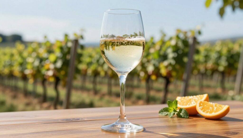 A close-up of a sparkling Prosecco wine in an elegant crystal glass, showcasing the effervescent bubbles rising gracefully to the surface. The glass is placed on a polished wooden table, reflecting soft ambient lighting that highlights the wine's pale golden hue. In the background, a blurred vineyard landscape with lush green vines under a bright blue sky suggests a sunny day. Subtle elements like a few fresh citrus slices and sprigs of mint nearby evoke the freshness associated with a well-balanced drink. The overall atmosphere is light and inviting, capturing the essence of an ideal Prosecco for a refreshing cocktail, with a focus on clarity and elegance in the presentation for a sophisticated tone.