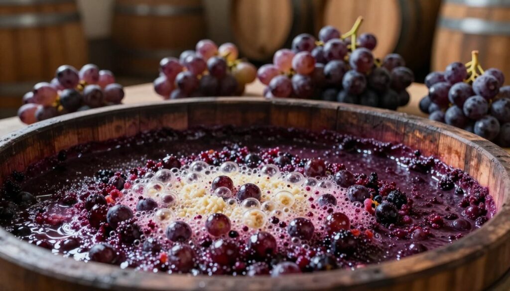 A close-up of a traditional winemaking process featuring a vibrant, bubbling mixture of crushed grapes and yeast. In the foreground, a wooden fermentation vessel is partially filled with the dark purple mash, emphasizing the rich texture and color of the grapes. The middle ground showcases fresh, ripe grapes scattered around, highlighting their glossy skin and juicy clusters. In the background, soft, ambient lighting filters through a rustic winery with wooden barrels, creating a warm, inviting atmosphere. The scene captures the essence of fermentation with a focus on the details of the grape mash, evoking a sense of craftsmanship and tradition in winemaking. The angle is slightly overhead, providing depth and inviting the viewer into the aromatic world of grape distillation.